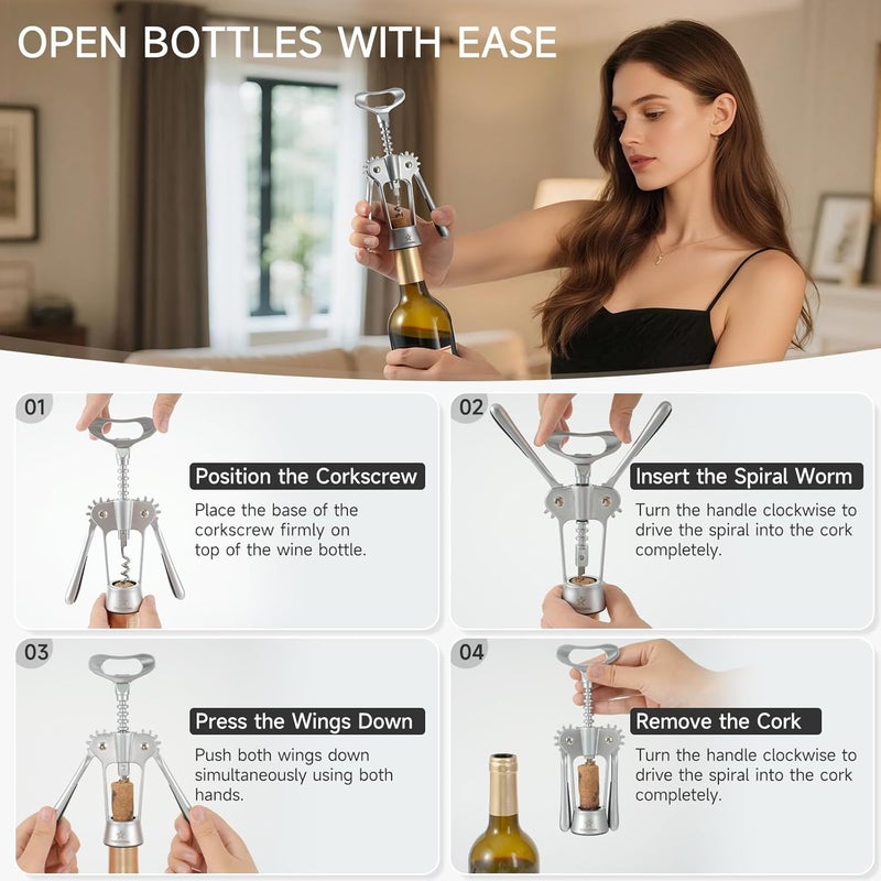 Starshining Wine Opener,Heavy-Duty Zinc Alloy Wing Corkscrew Wine Bottle Opener with Sharp Spiral Screw,Round Handles,Matte Silver - Image 4